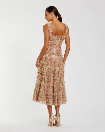 Mac Duggal Beige Floral Printed Sleeveless Ruffle Midi Dress