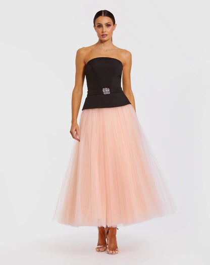 Mac Duggal Black and Pink Strapless Midi Dress With Tulle Skirt