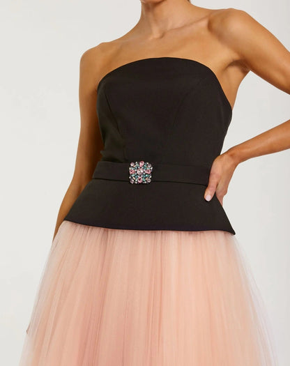 Mac Duggal Black and Pink Strapless Midi Dress With Tulle Skirt