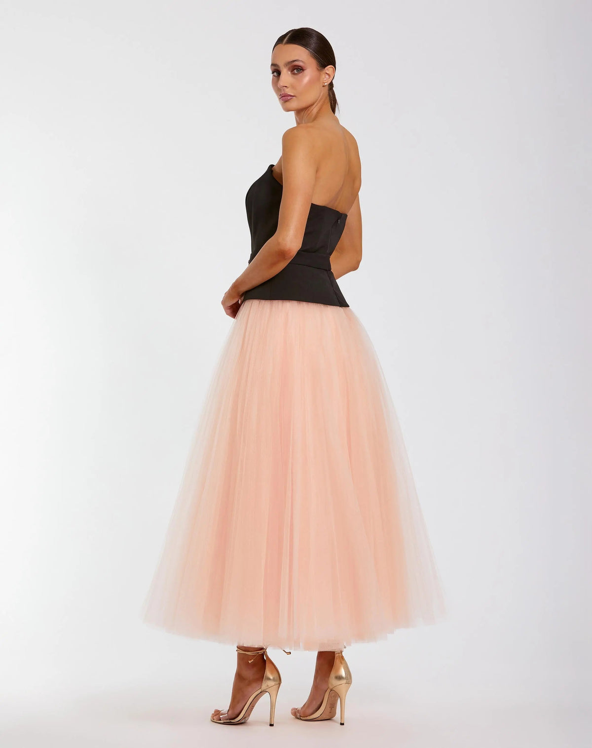 Mac Duggal Black and Pink Strapless Midi Dress With Tulle Skirt