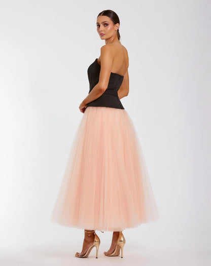 Mac Duggal Black and Pink Strapless Midi Dress With Tulle Skirt