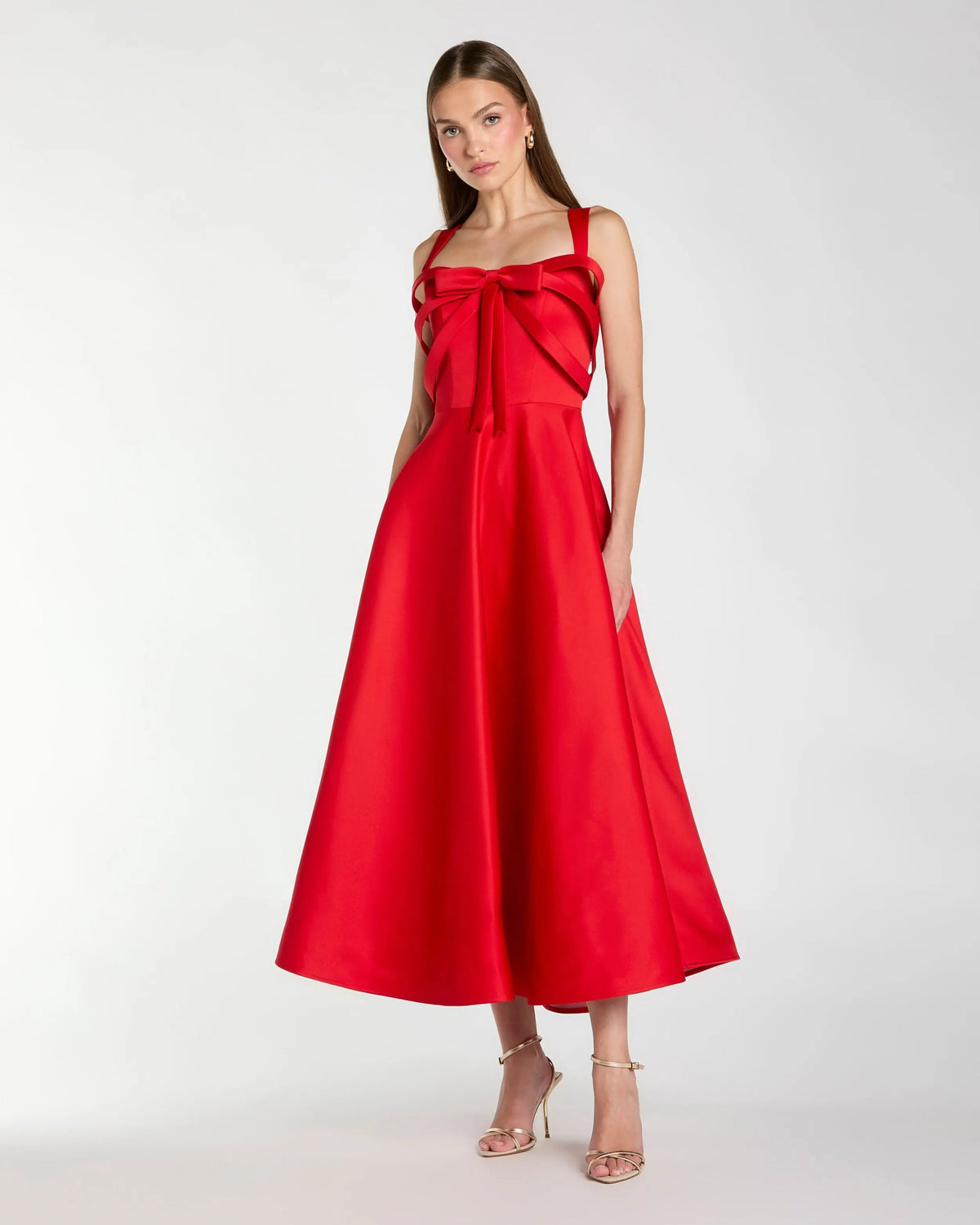 Mac Duggal Red Satin Bow Bodice Midi Dress