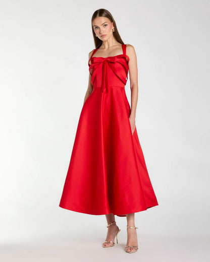 Mac Duggal Red Satin Bow Bodice Midi Dress