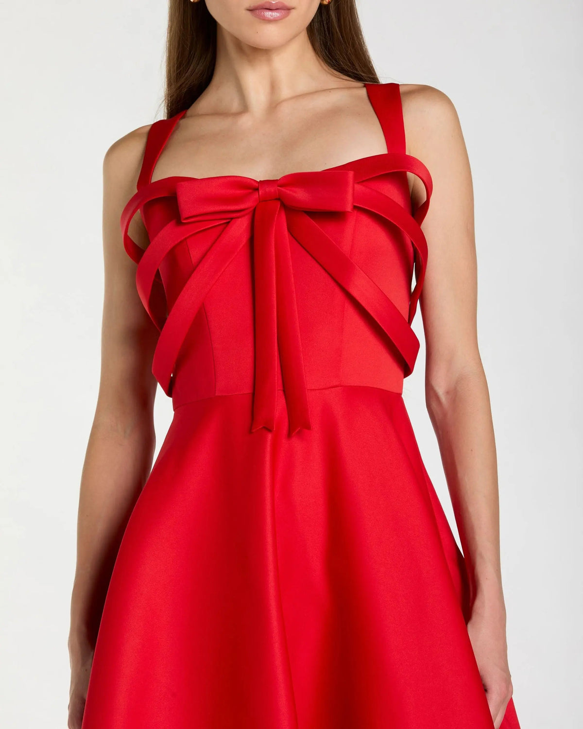 Mac Duggal Red Satin Bow Bodice Midi Dress