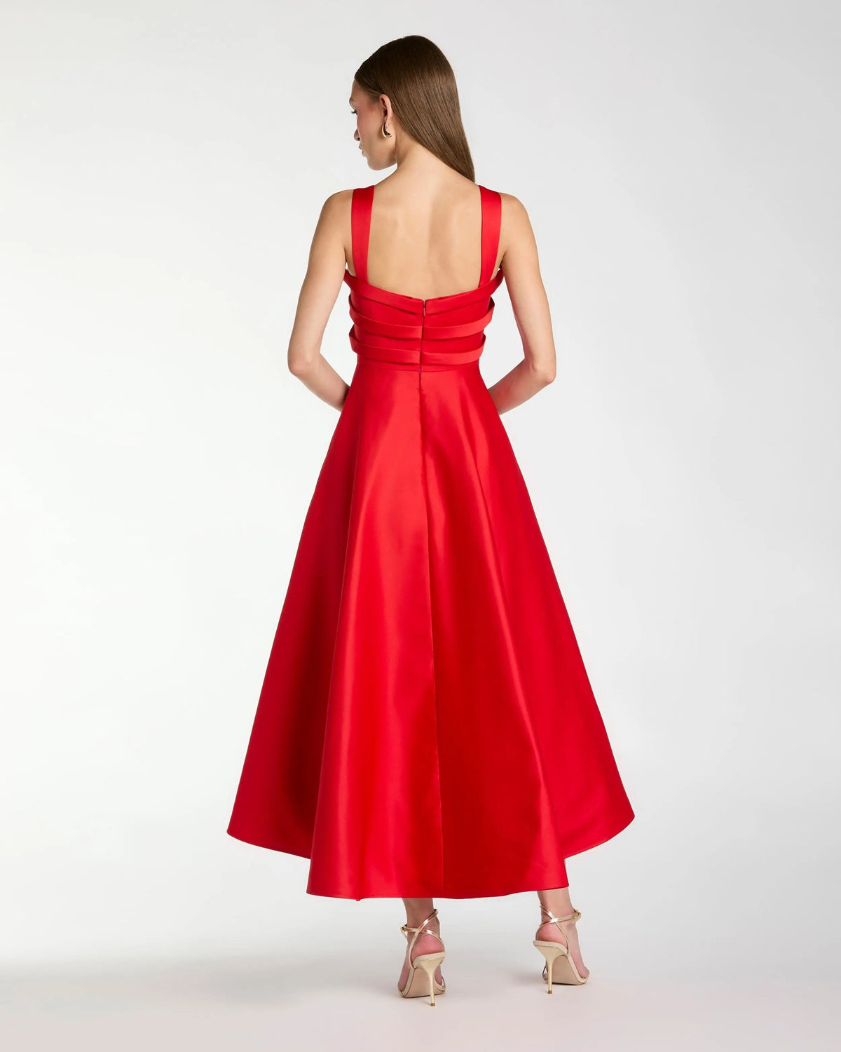 Mac Duggal Red Satin Bow Bodice Midi Dress