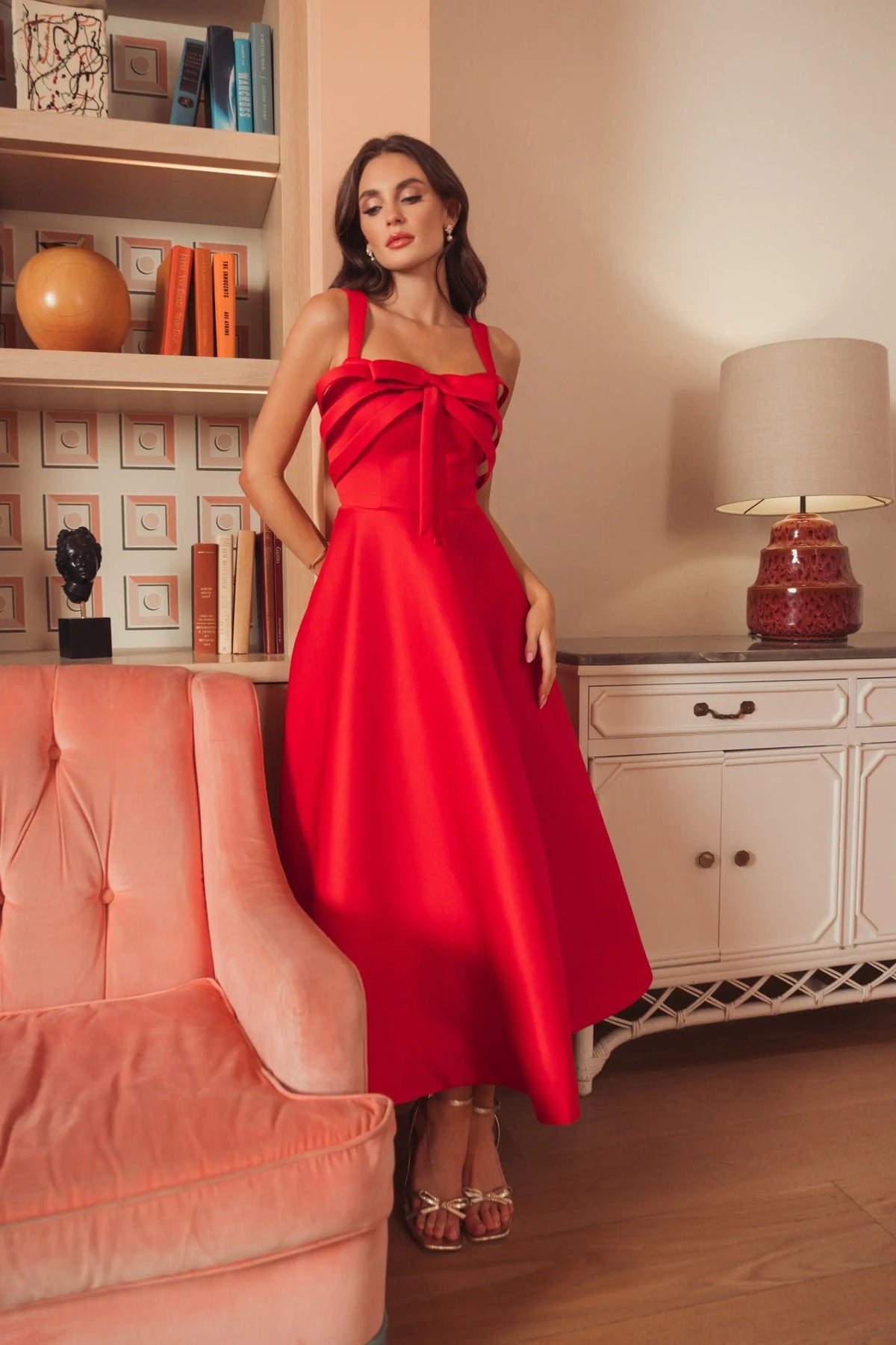 Mac Duggal Red Satin Bow Bodice Midi Dress