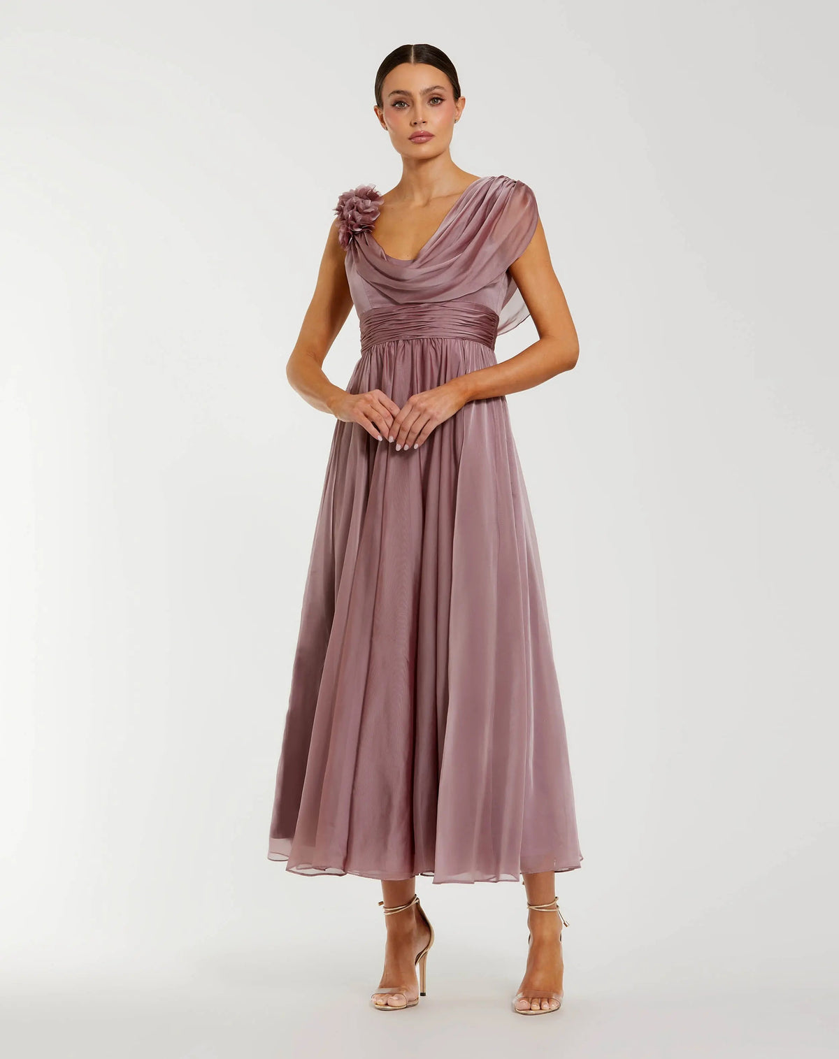 Mac Duggal Pink Chiffon Cowl Neck Dress With 3D Flowers
