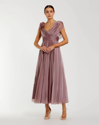 Mac Duggal Pink Chiffon Cowl Neck Dress With 3D Flowers