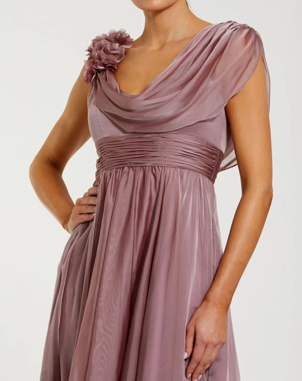 Mac Duggal Pink Chiffon Cowl Neck Dress With 3D Flowers