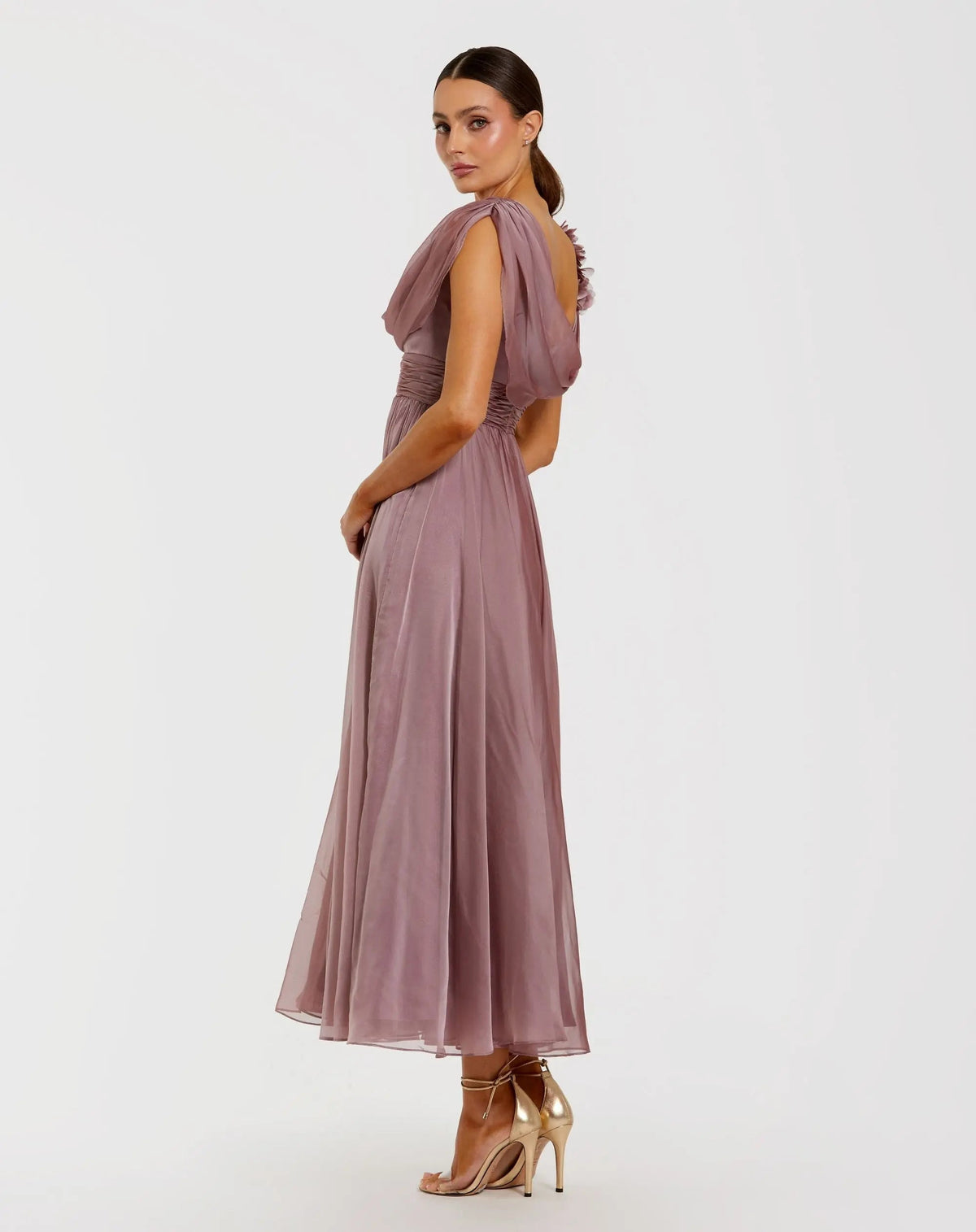 Mac Duggal Pink Chiffon Cowl Neck Dress With 3D Flowers