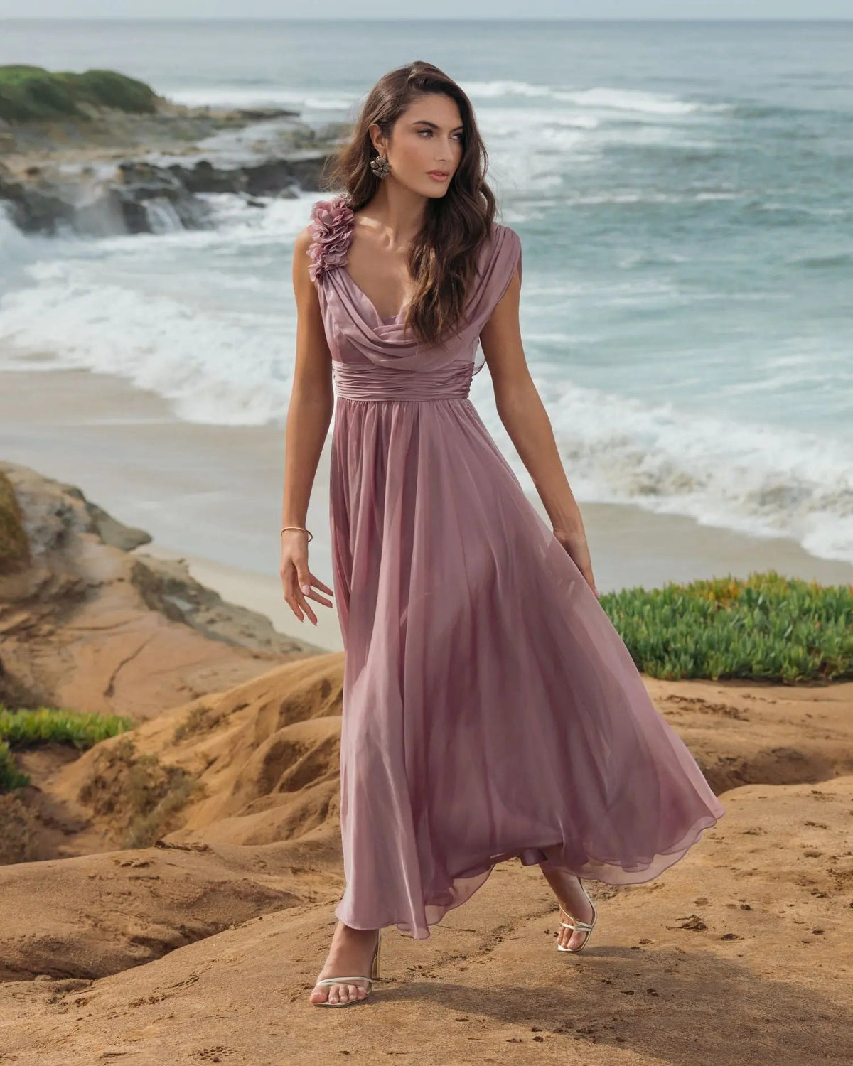 Mac Duggal Pink Chiffon Cowl Neck Dress With 3D Flowers