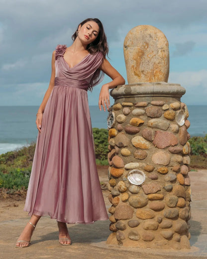 Mac Duggal Pink Chiffon Cowl Neck Dress With 3D Flowers