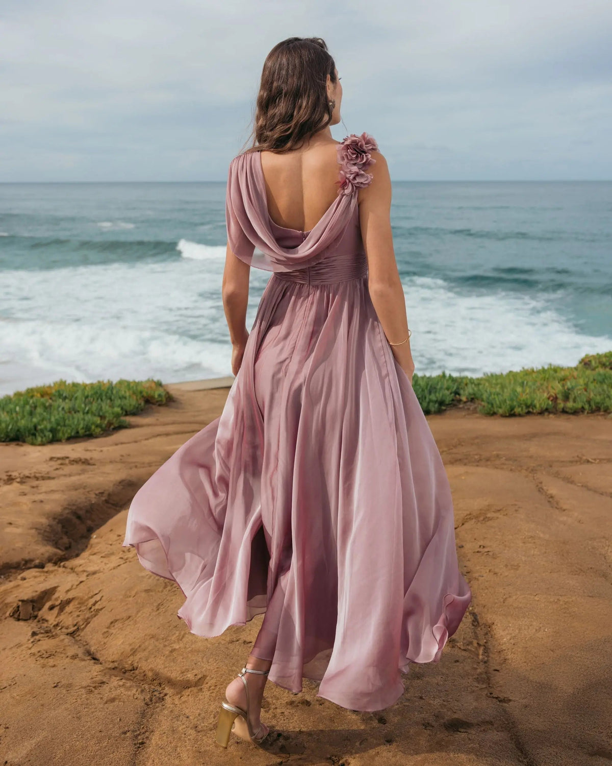 Mac Duggal Pink Chiffon Cowl Neck Dress With 3D Flowers