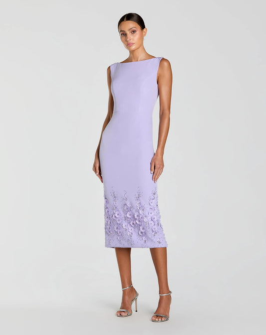 Mac Duggal Purple Crepe Sleeveless Midi Dress With Flower Beading