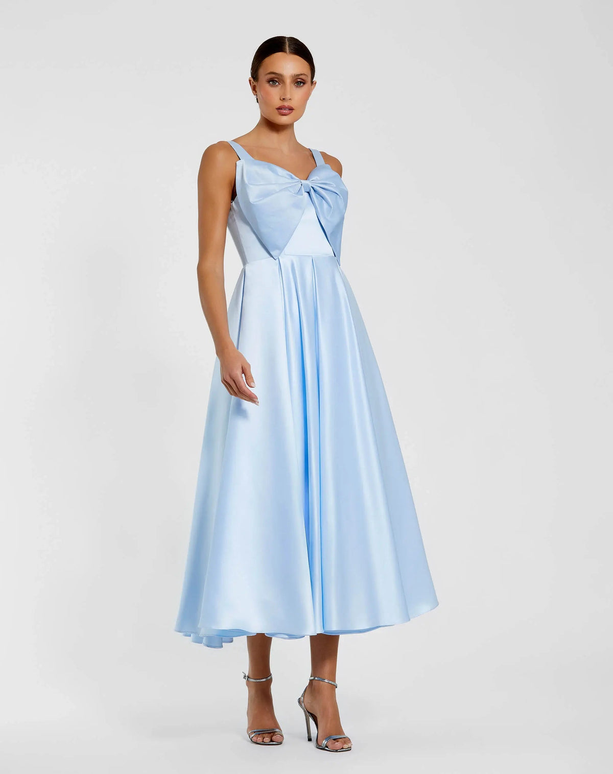 Mac Duggal Blue Satin Midi Dress with Oversized Bow