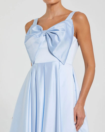 Mac Duggal Blue Satin Midi Dress with Oversized Bow