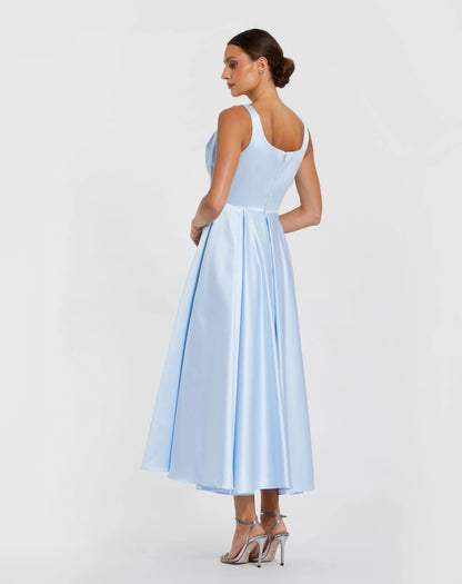 Mac Duggal Blue Satin Midi Dress with Oversized Bow