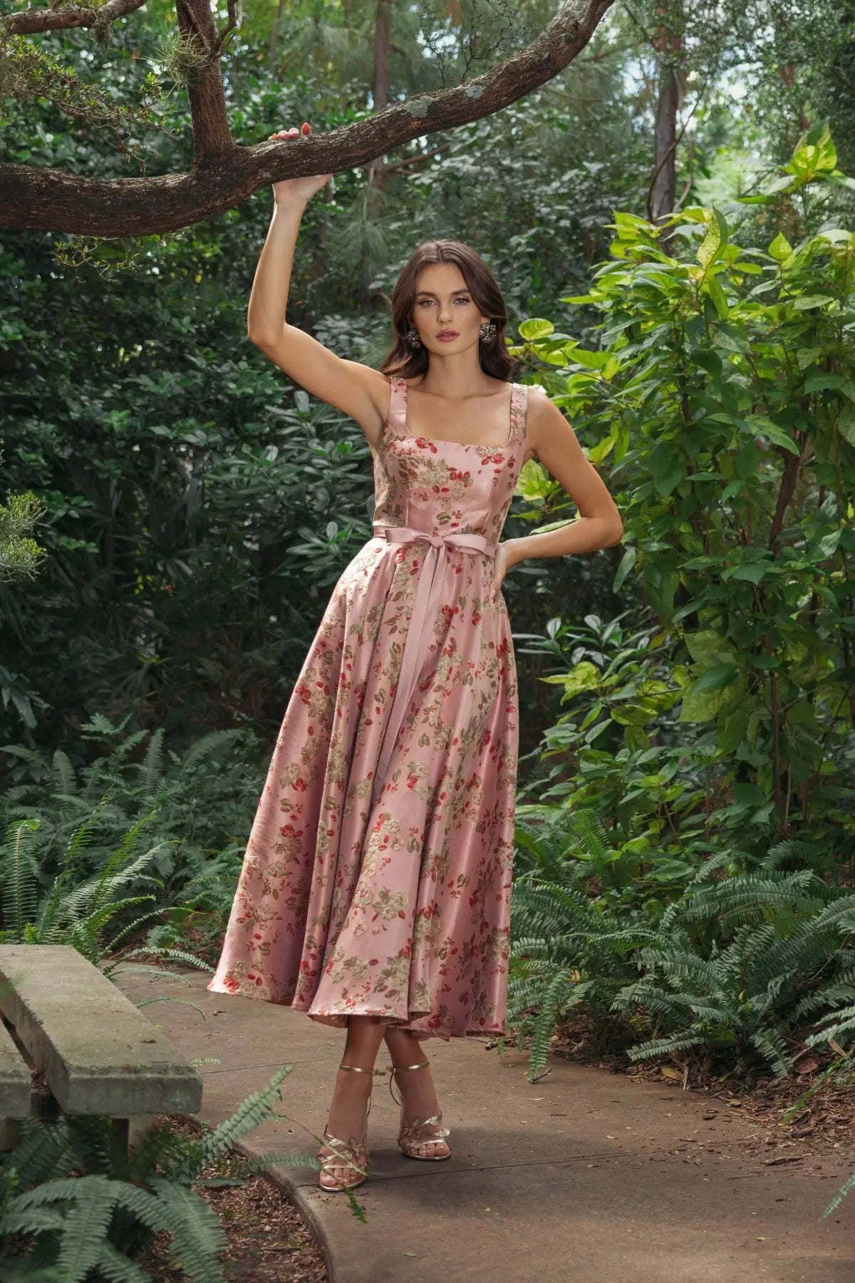 Mac Duggal Pink Sleeveless Brocade A Line Midi Dress