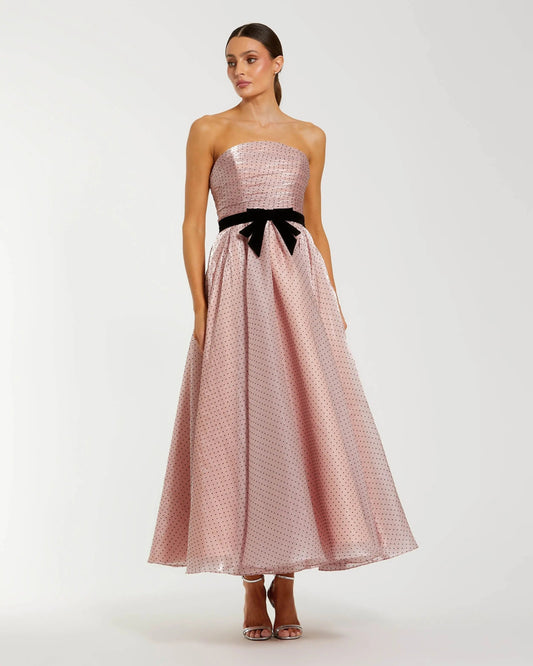 Mac Duggal Pink Polka Dot Organza Strapless Midi Dress With Velvet Bow