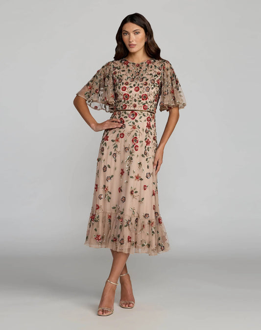 Mac Duggal Beige Floral Embellished Flutter Sleeve Midi Dress
