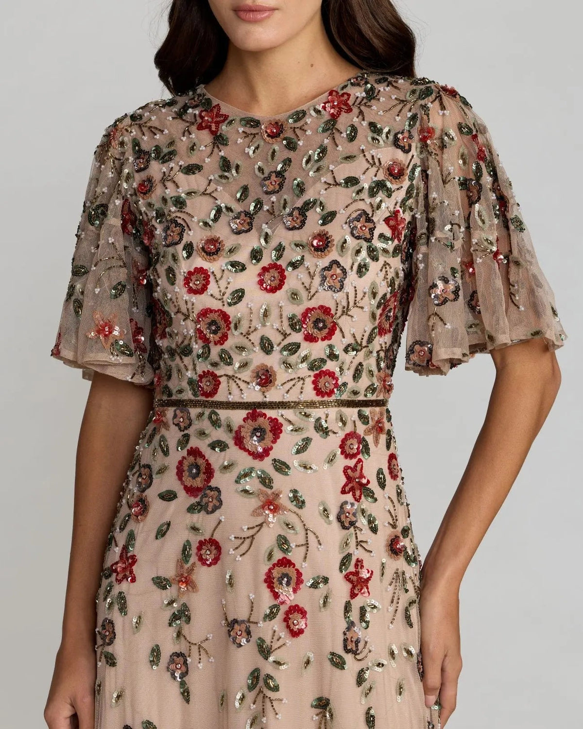 Mac Duggal Beige Floral Embellished Flutter Sleeve Midi Dress