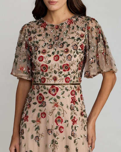 Mac Duggal Beige Floral Embellished Flutter Sleeve Midi Dress