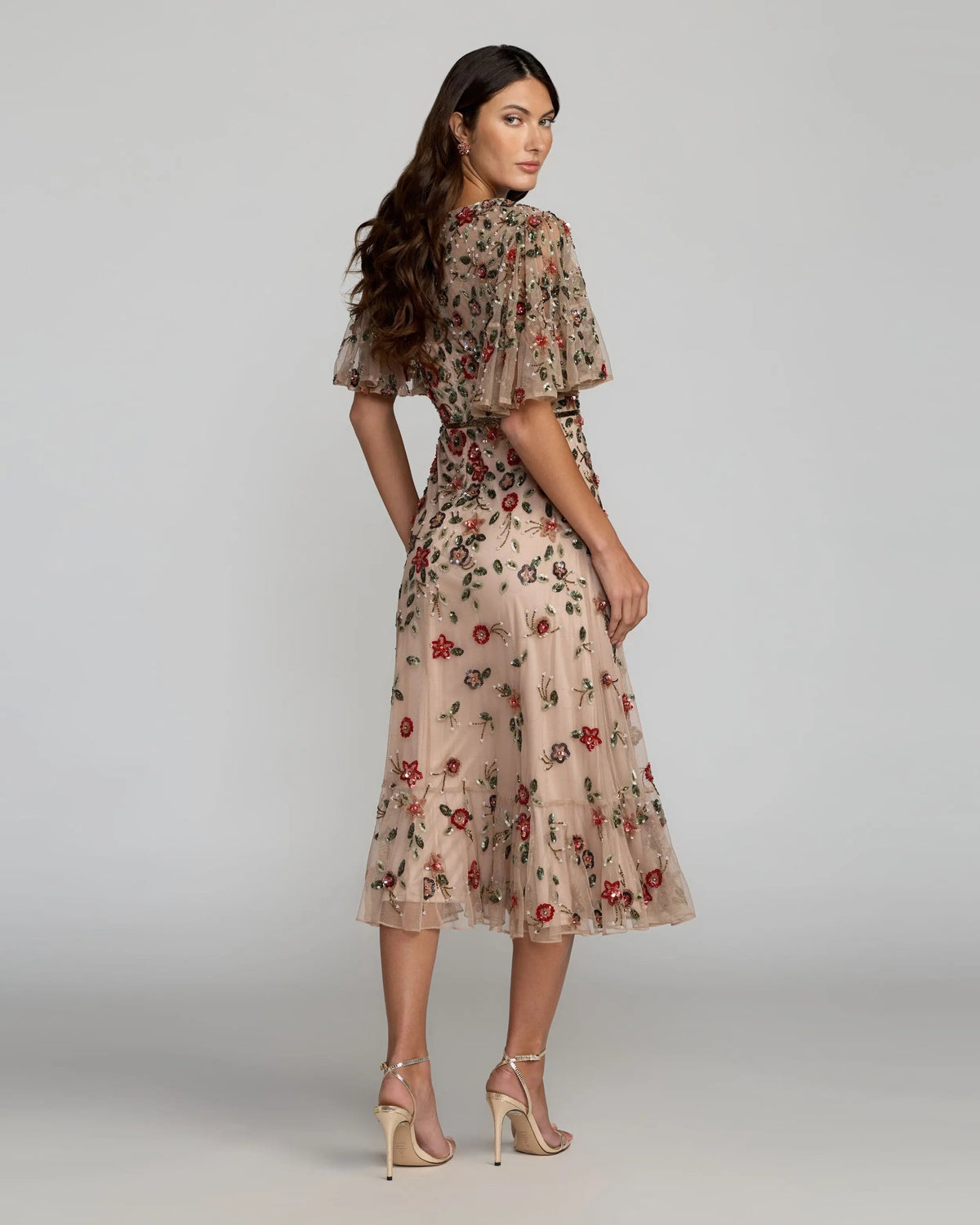 Mac Duggal Beige Floral Embellished Flutter Sleeve Midi Dress