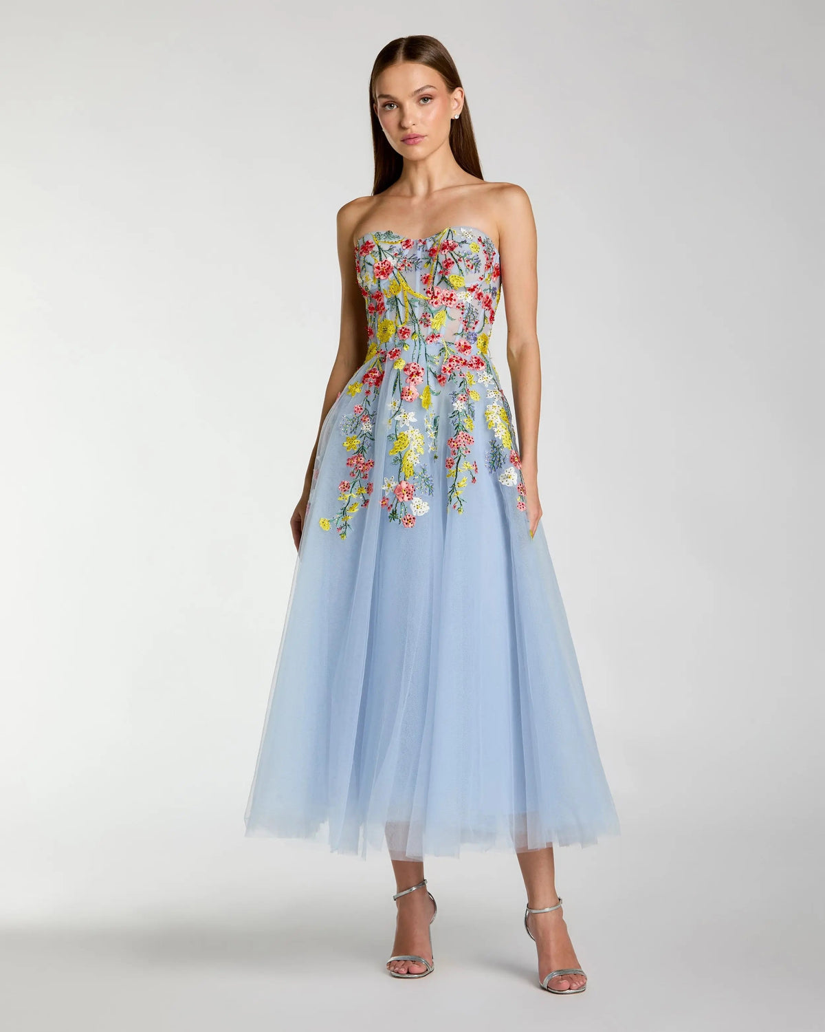 Mac Duggal Blue Strapless Floral Embroidered A-Line Midi Dress