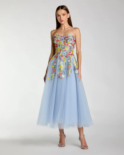 Mac Duggal Blue Strapless Floral Embroidered A-Line Midi Dress