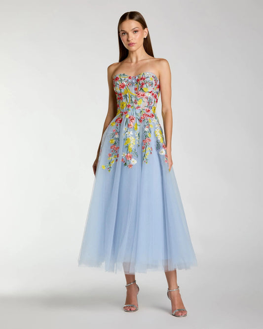Mac Duggal Blue Strapless Floral Embroidered A-Line Midi Dress