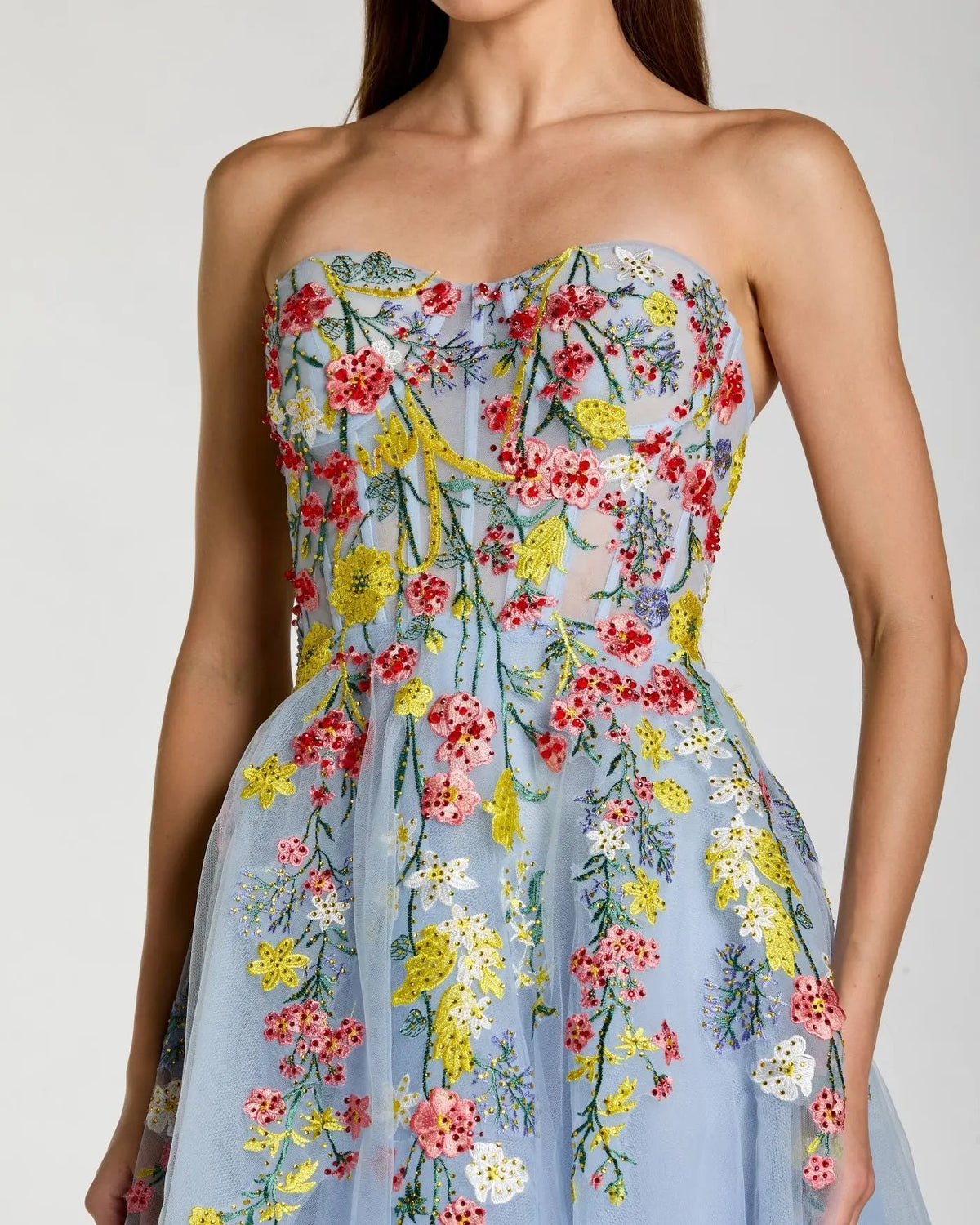Mac Duggal Blue Strapless Floral Embroidered A-Line Midi Dress