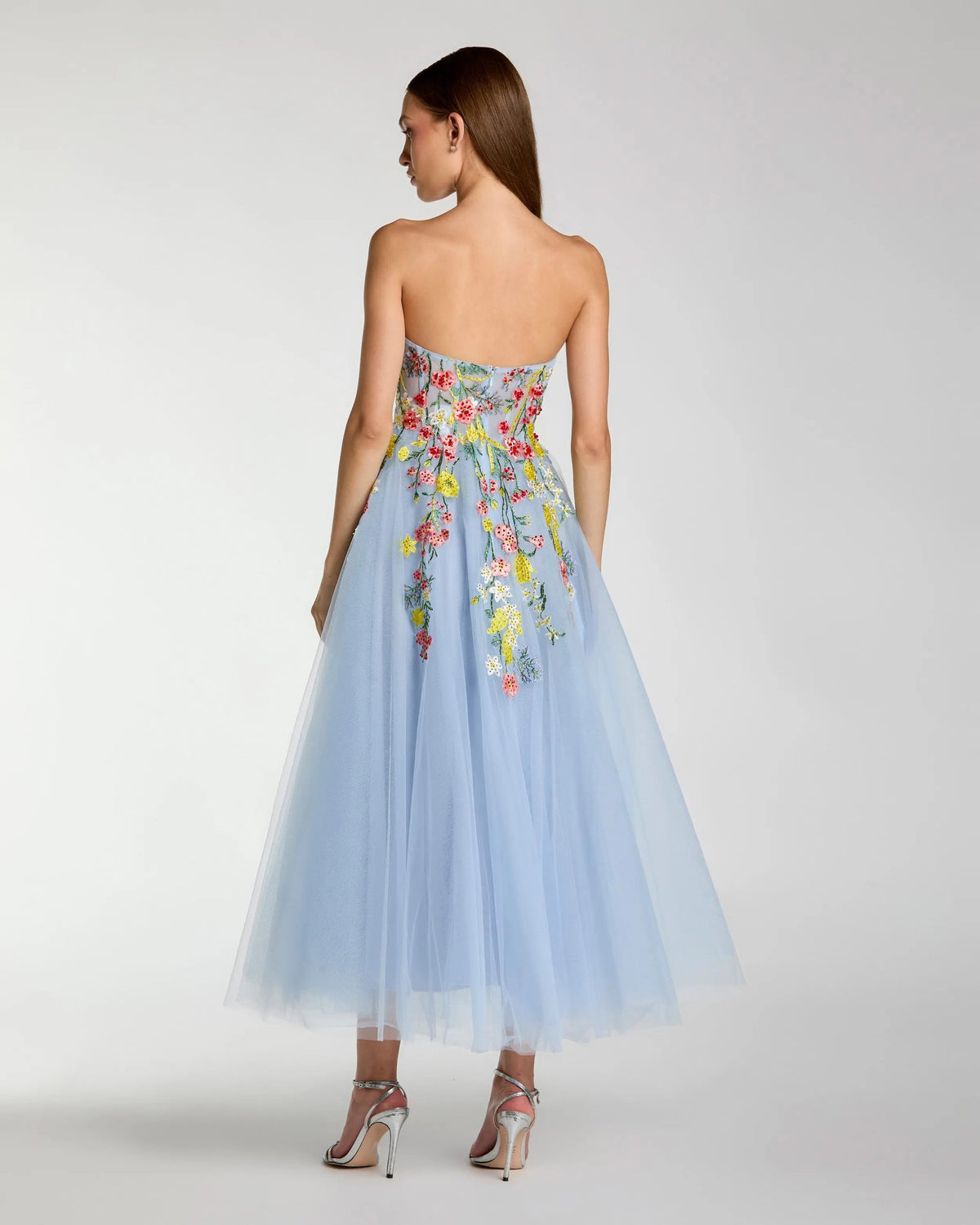 Mac Duggal Blue Strapless Floral Embroidered A-Line Midi Dress