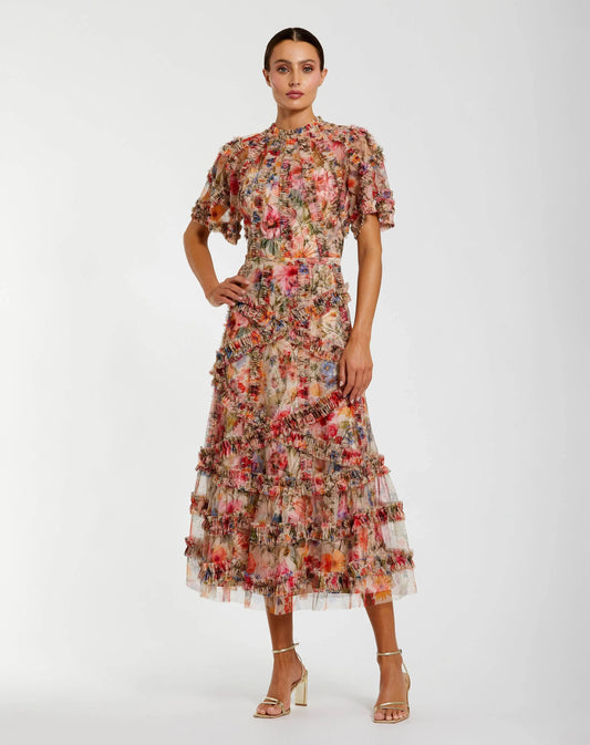 Mac Duggal Multicolor Floral Midi Dress with Ruffle Detailing