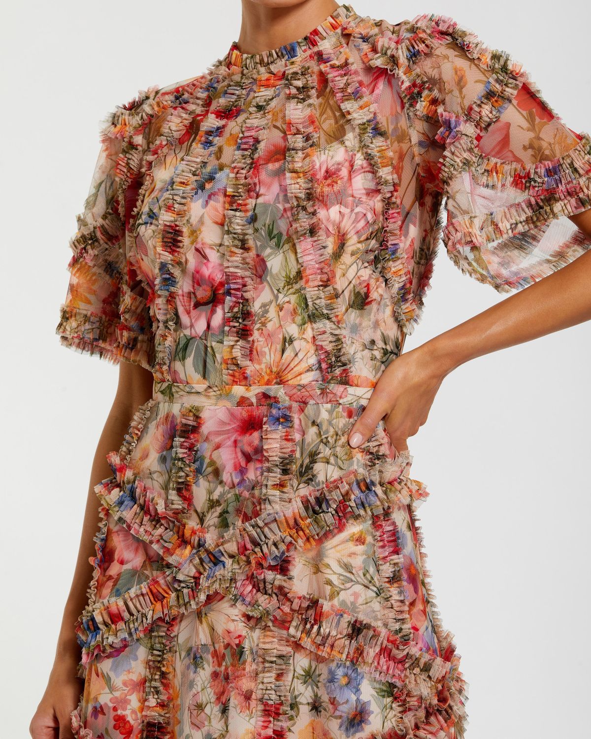 Mac Duggal Multicolor Floral Midi Dress with Ruffle Detailing