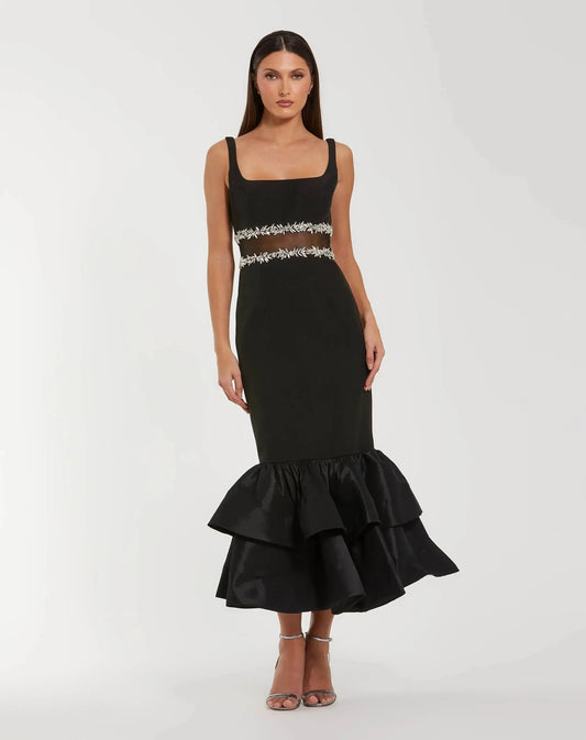 Mac Duggal Petite Black Crepe Ruffle Hem Midi Dress With Jewel Detail