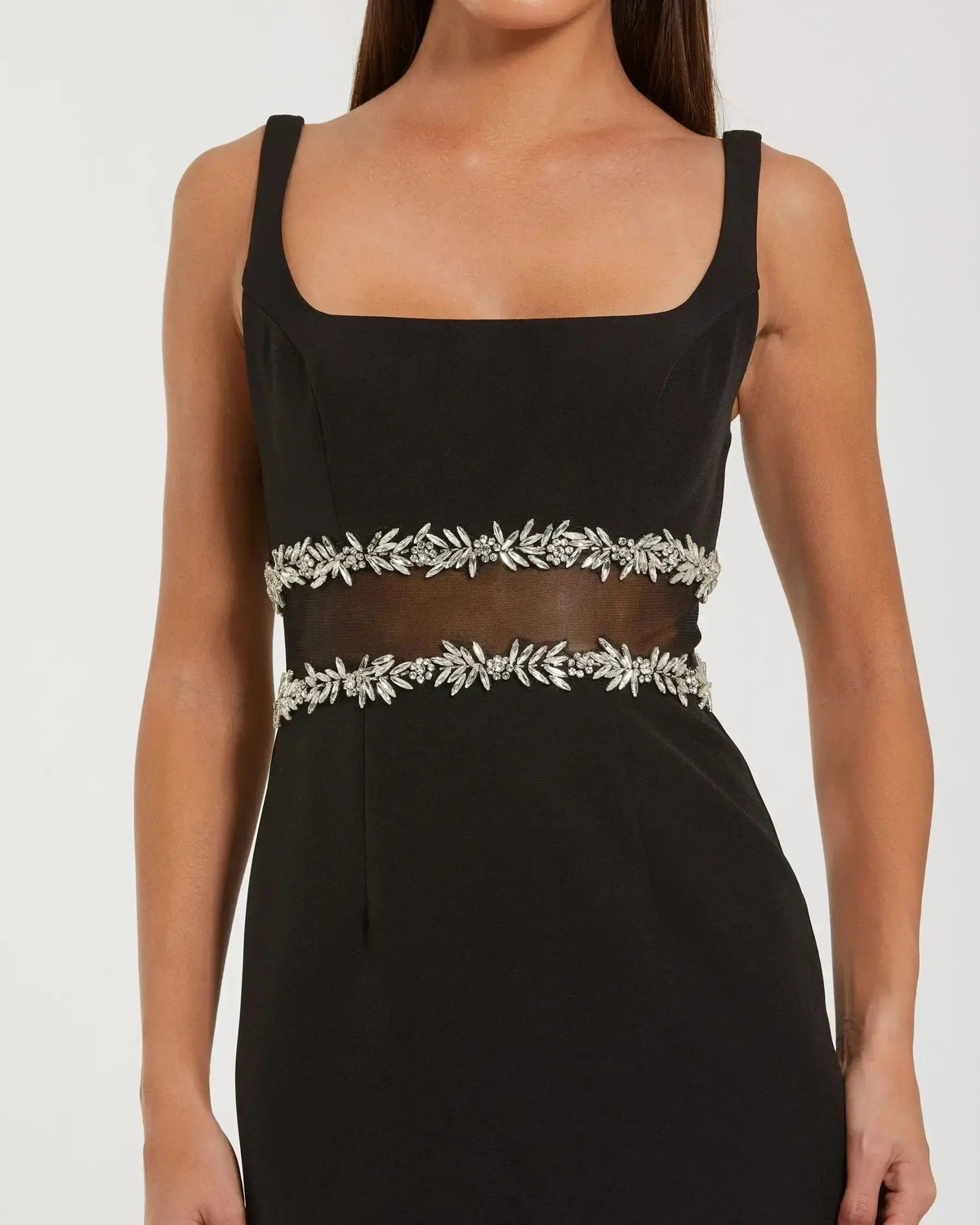 Mac Duggal Petite Black Crepe Ruffle Hem Midi Dress With Jewel Detail