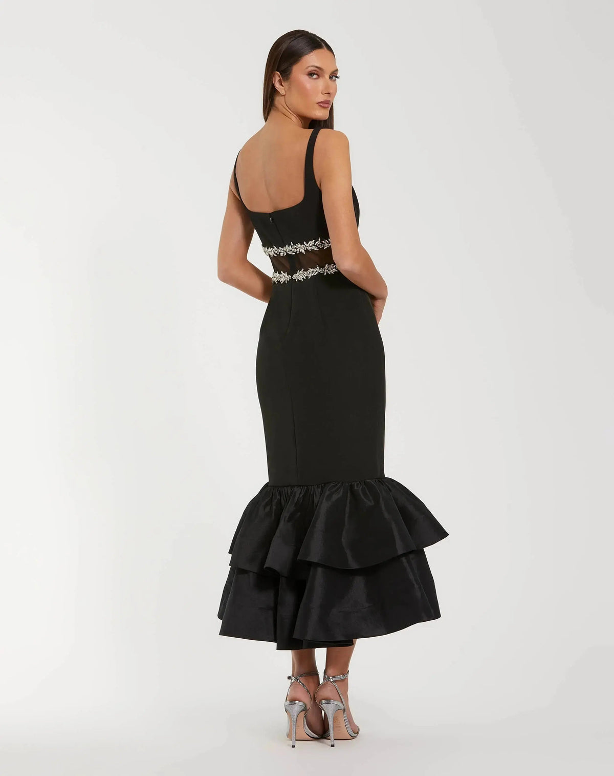 Mac Duggal Petite Black Crepe Ruffle Hem Midi Dress With Jewel Detail