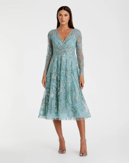 Mac Duggal Blue Embellished Long Sleeve V-Neck Midi Dress