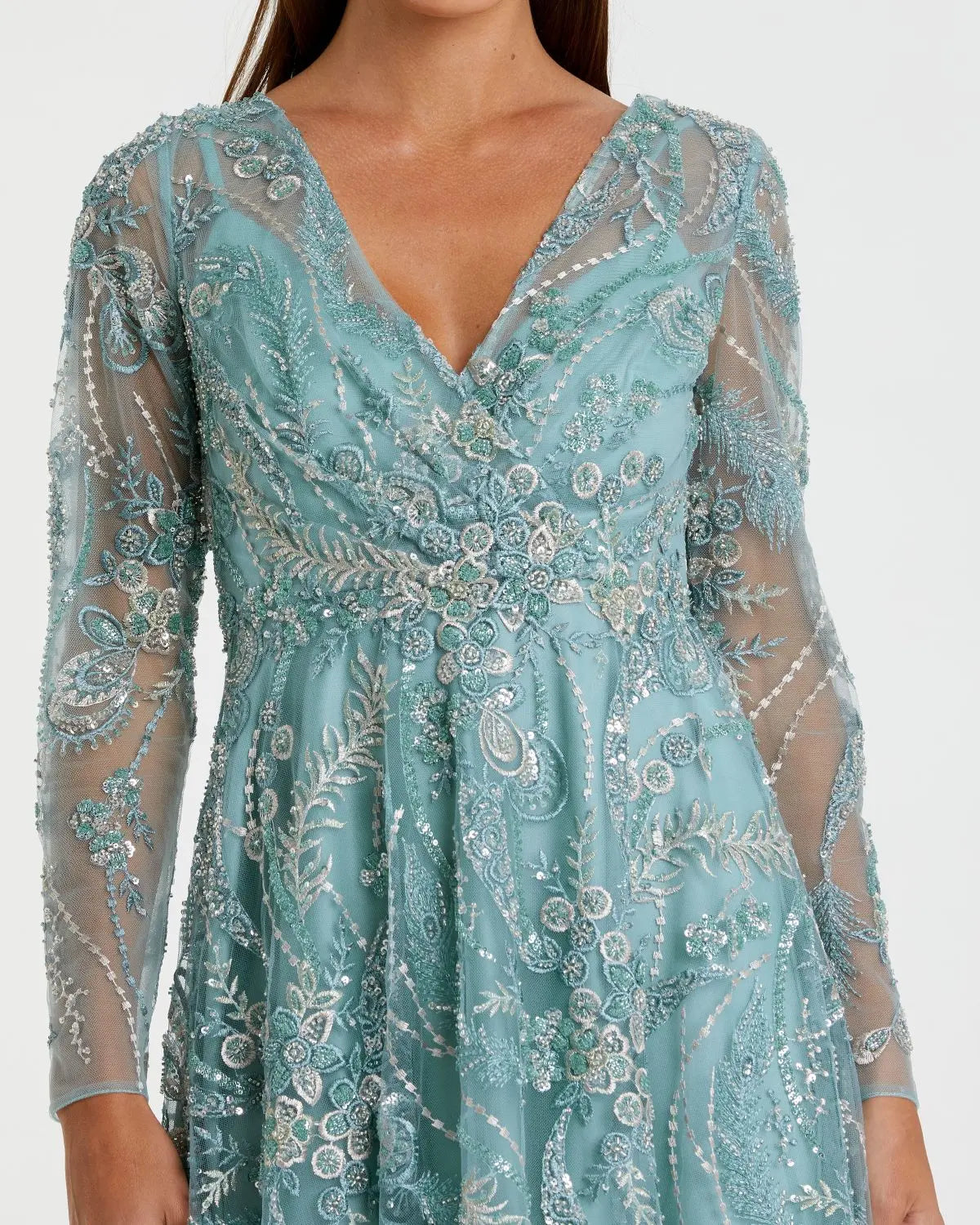 Mac Duggal Blue Embellished Long Sleeve V-Neck Midi Dress