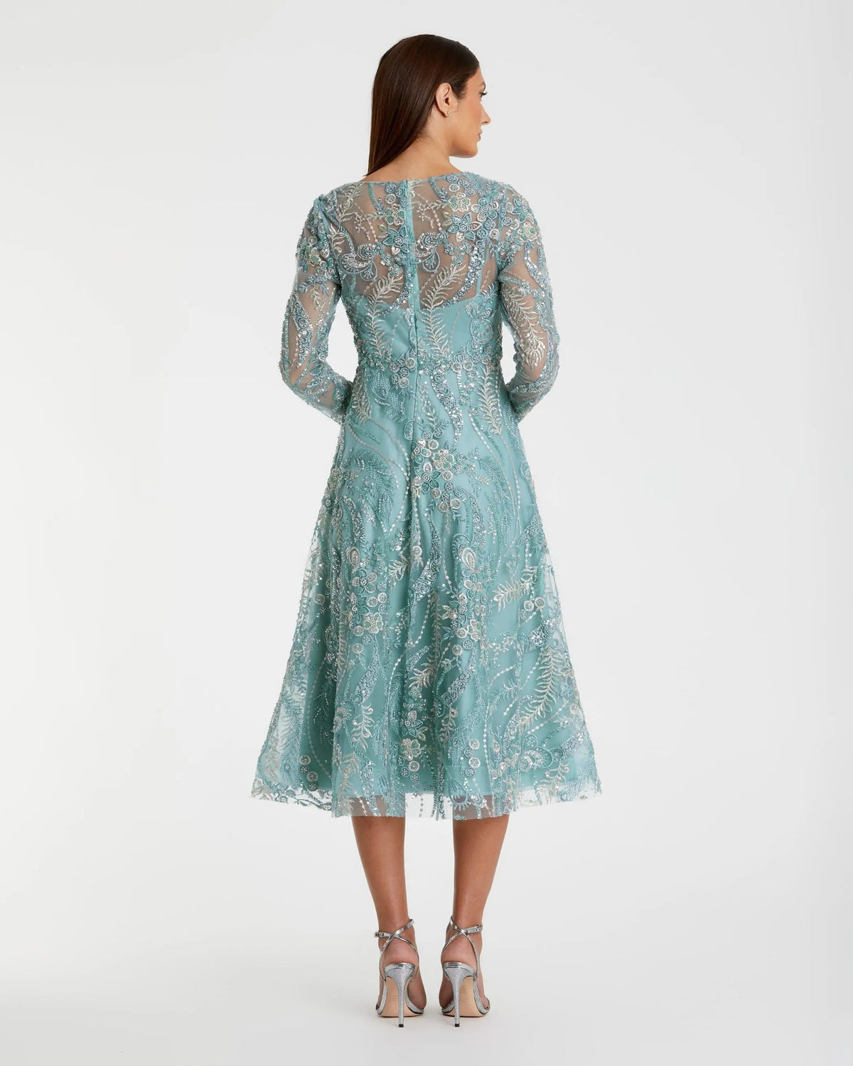 Mac Duggal Blue Embellished Long Sleeve V-Neck Midi Dress