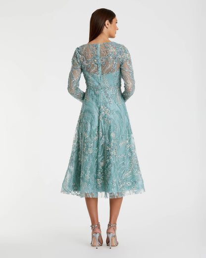 Mac Duggal Blue Embellished Long Sleeve V-Neck Midi Dress
