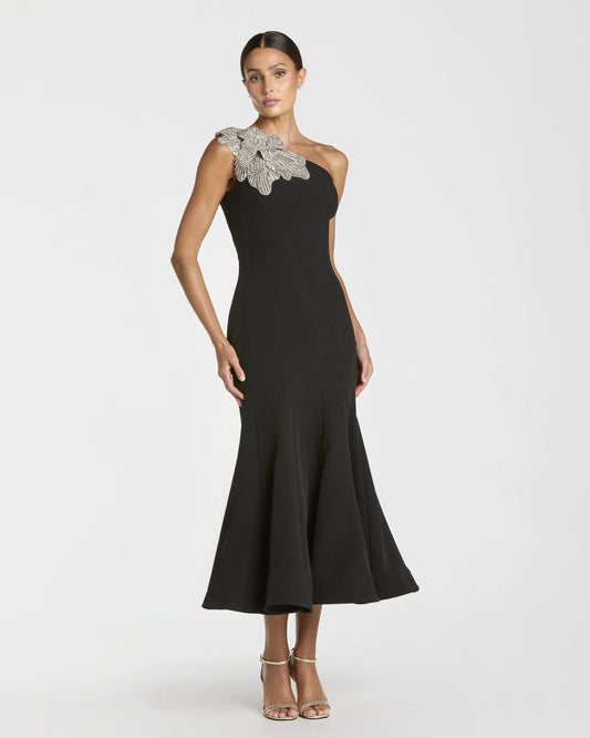 Mac Duggal Black Crepe One Shoulder Midi Dress With 3D Flower