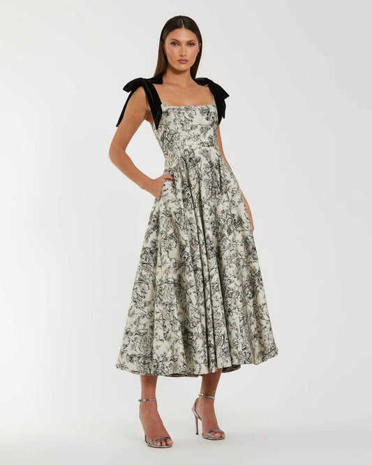 Mac Duggal Black Ivory Printed A Line Midi Dress With Bow Straps