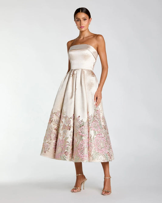 Mac Duggal Ivory Strapless Brocade A Line Midi Dress