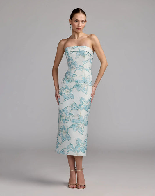 Mac Duggal Blue and White Strapless Brocade Sheath Midi Dress