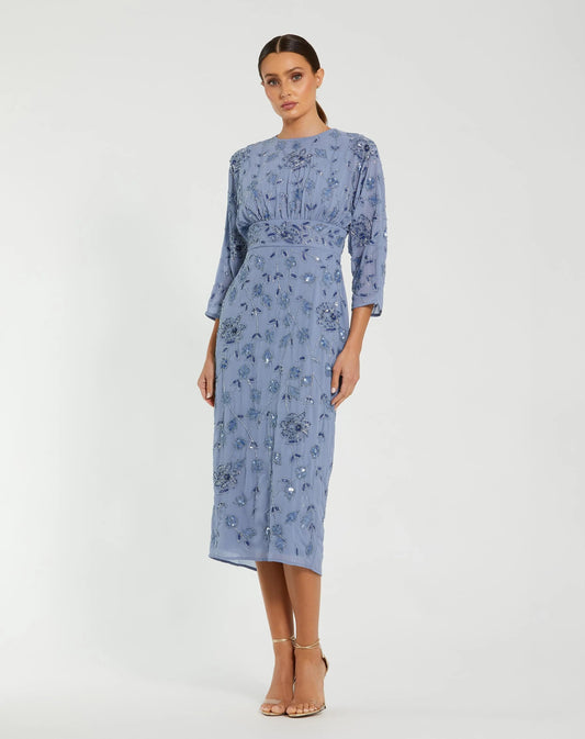 Mac Duggal Blue Floral Embellished Midi Dress with 3/4 Sleeves
