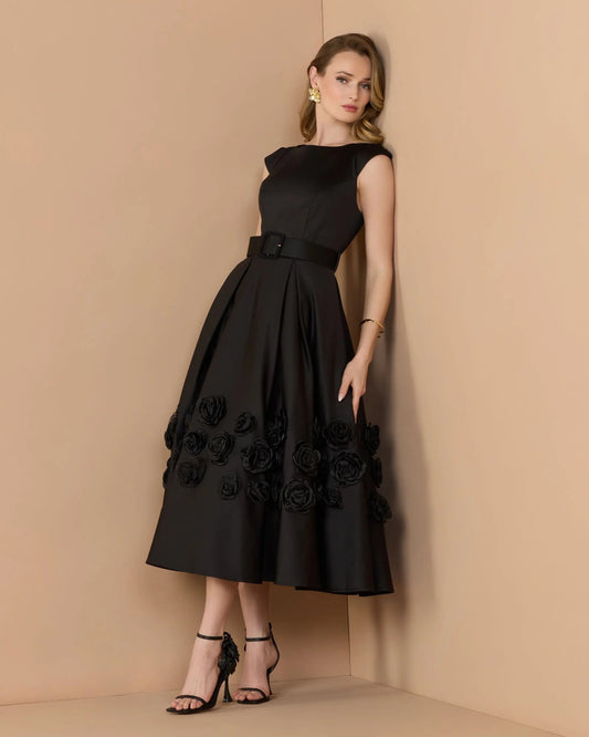 Mac Duggal Black Satin Cap Sleeve Midi Dress With 3D Flowers
