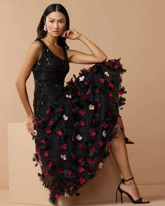 Mac Duggal Black Sleeveless Beaded Midi Dress With 3D Flowers
