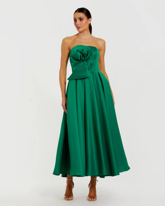 Mac Duggal Green Strapless Satin A Line Midi Dress With 3D Flower