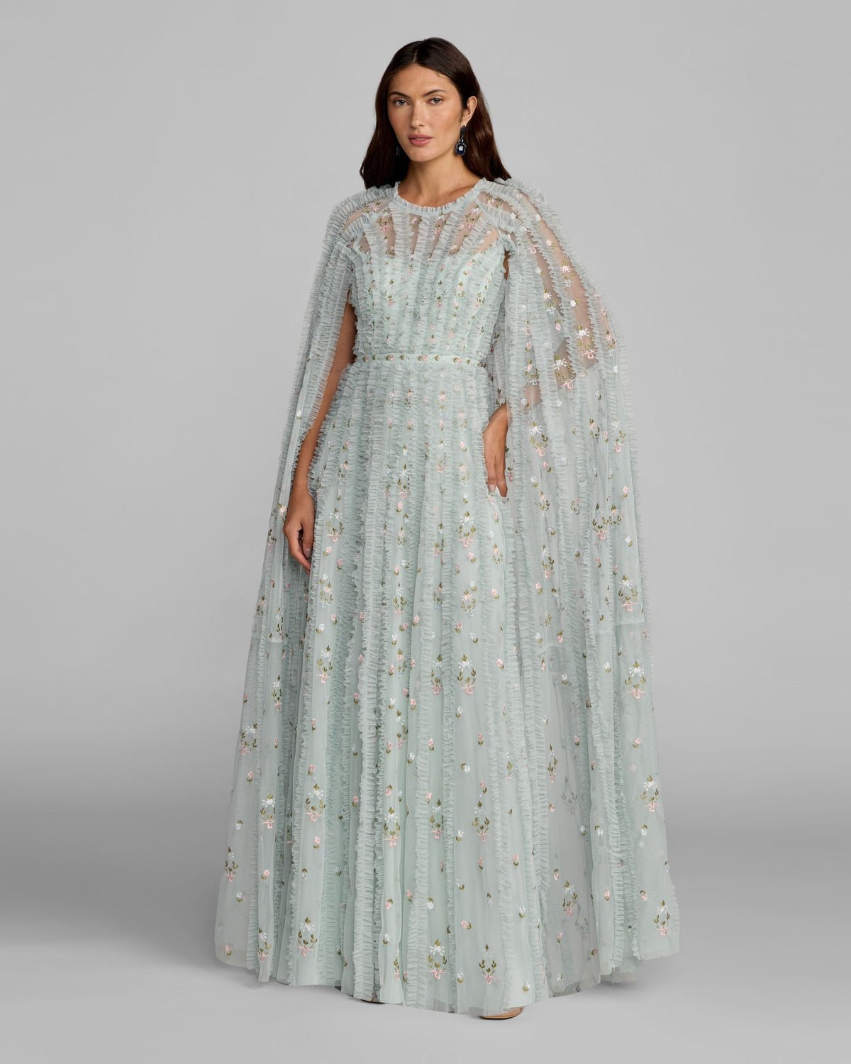 Mac Duggal Blue Embroidered High Neck Cape Sleeve Gown